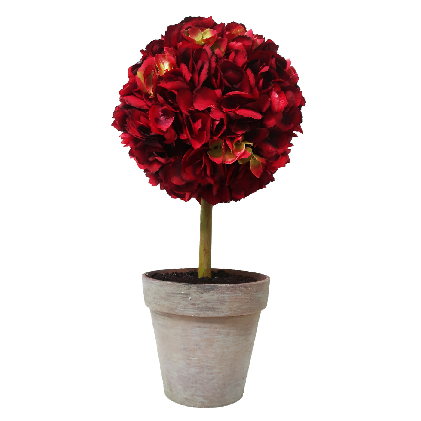 Hand-crafted red hydrangea floral arrangement in a white porcelain pot with green foliage against white background