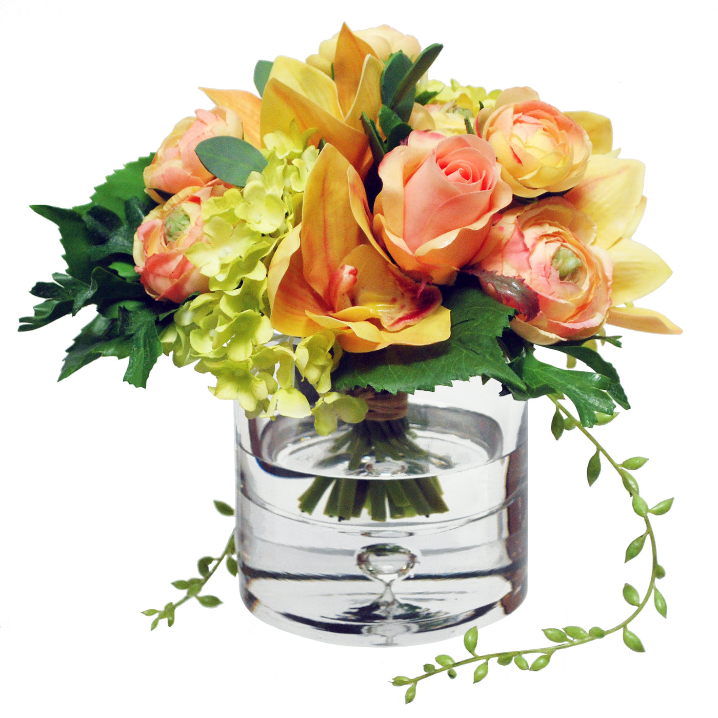 small faux ranunculus and orchids mix arrangement in glass vase