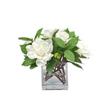 High-end realistic faux gardenia small arrangement in cube glass vase