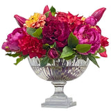 Luxury faux tulip and peony arrangement in vibrant pink tones displayed in an elegant cut glass vase