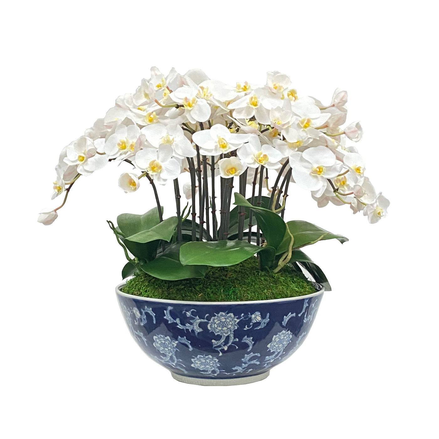 most beautiful faux orchids in a blue and white porcelain planter