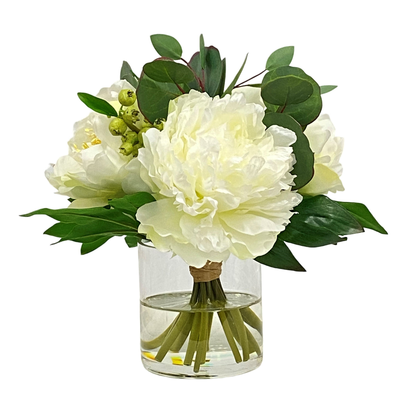 High-quality luxury faux peony eucalyptus in a glass cylinder floral arrangement in white and green placed against white background