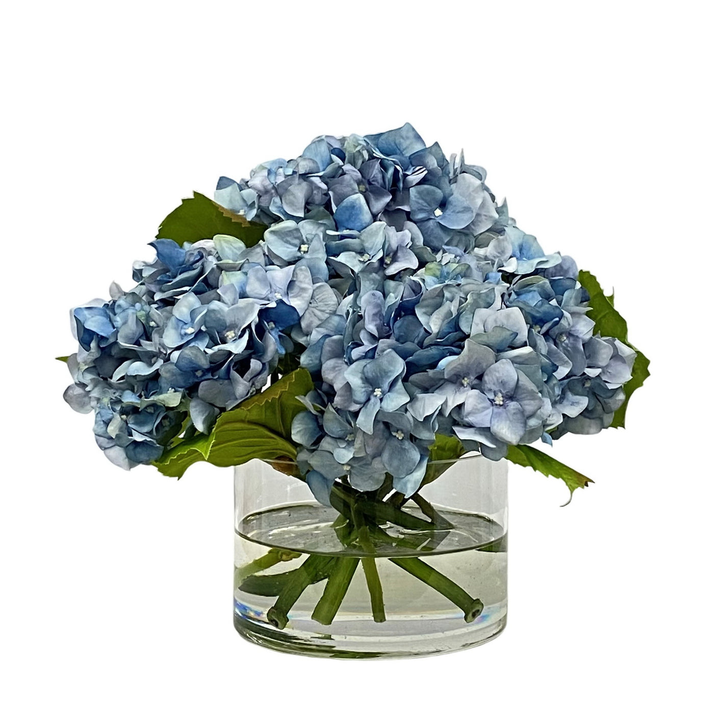 light blue faux hydrangea flower arrangement in a round glass vase