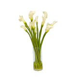 handcrafted faux calla lily arrangement in tall glass vase