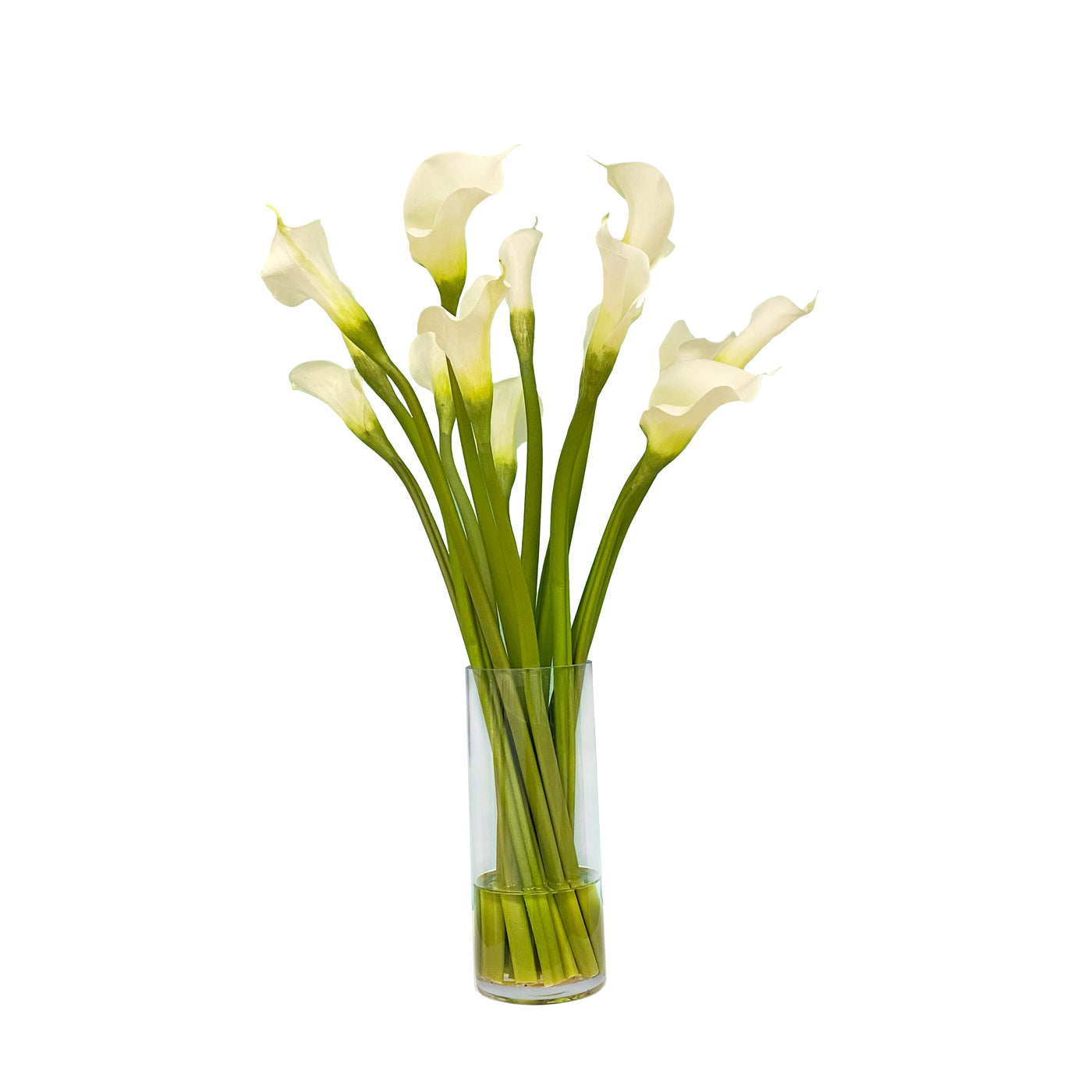 handcrafted faux calla lily arrangement in tall glass vase