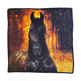 Silk scarf with a black horse design on a warm background