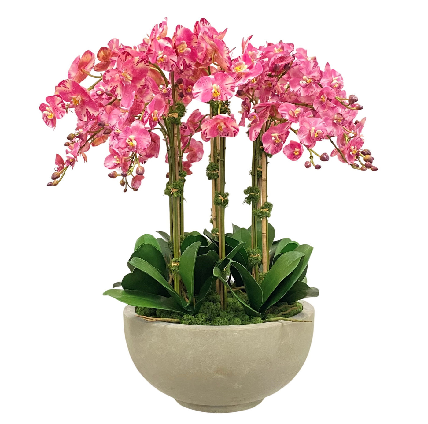 stunning hand-painted faux orchid arrangement in a neutral bowl planter
