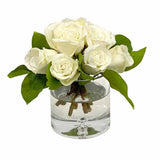 Real Touch cream rose bouquet with green salal leaf accents displayed in a clear round glass vase.