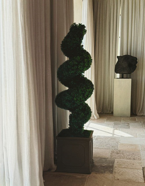 boxwood spiral indoor/outdoor topiary with planter Faux Spiral Boxwood in Square Planter - Green