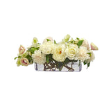 Luxury café au lait faux floral arrangement with roses, tulips, hydrangeas, and dahlias in clear glass vase