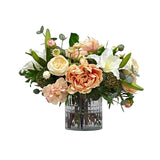 Luxury faux delphinium and hydrangea floral arrangement in clear cut glass vase with blue and white blooms