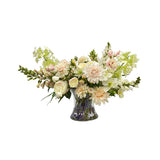 Real Touch mixed floral arrangement with dahlias snapdragons hydrangeas and roses displayed in a hurricane glass vase.