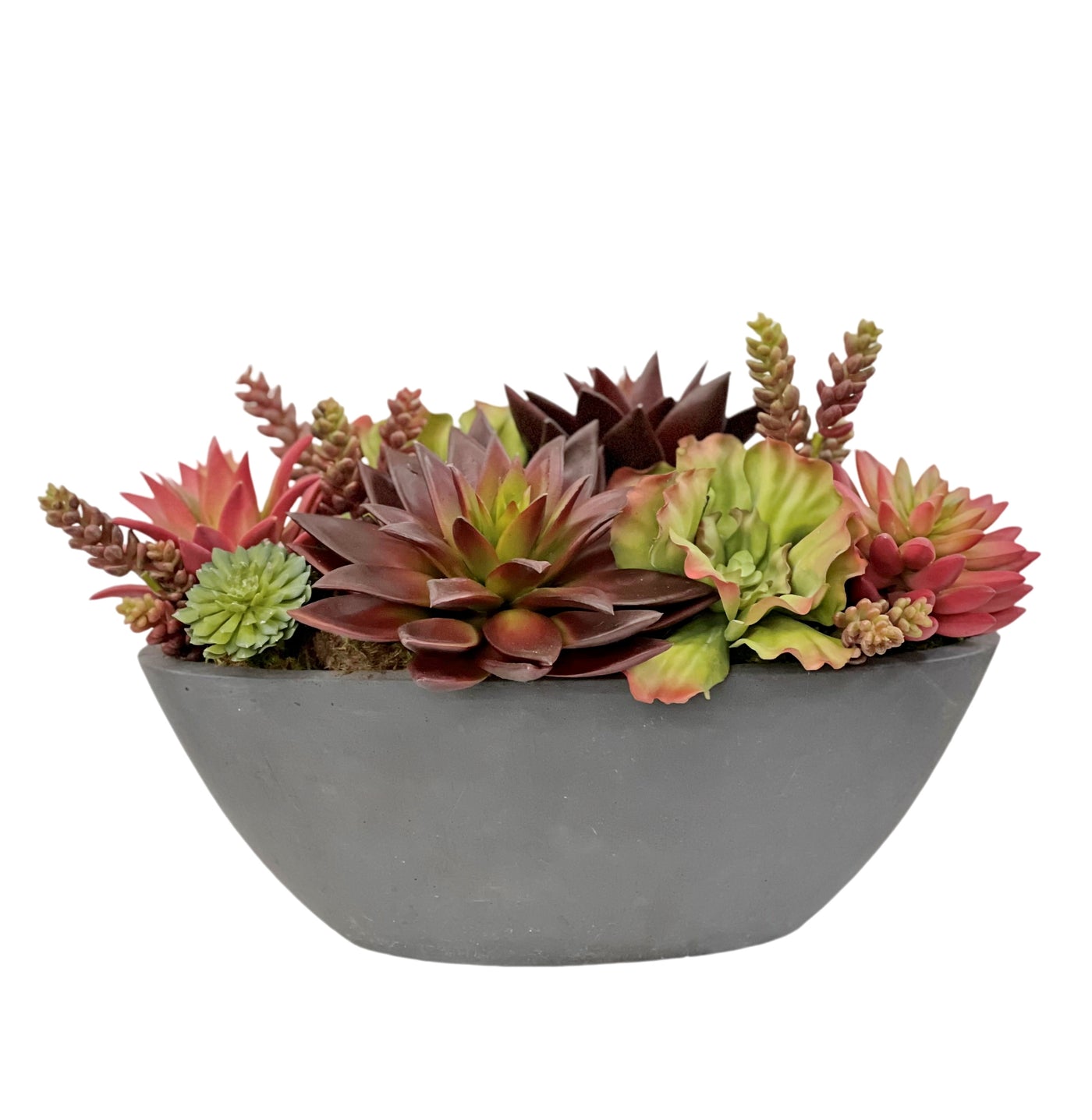 realistic high-quality faux succulents arrangement in a dark grey oval planter