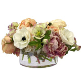 Low profile faux floral arrangement in open glass cylinder vase with blush neutral Real Touch blooms for modern tabletop décor
