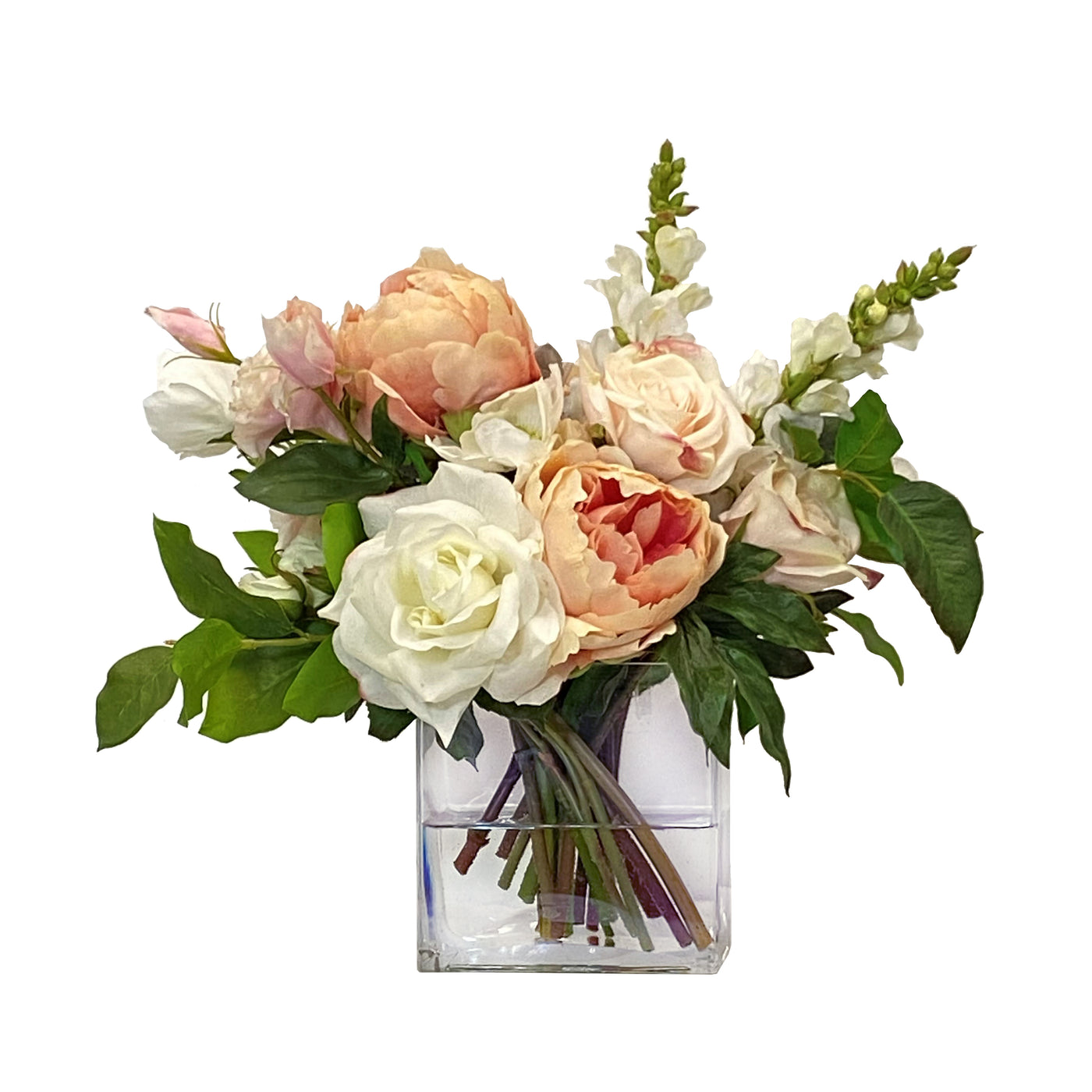 Luxury Real Touch faux flower arrangement in blush neutral set in a rectangle glass vase