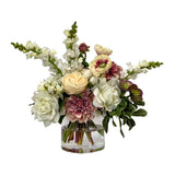 Large faux café au lait floral arrangement with peonies, hydrangeas, and delphiniums in decorative handled vase for luxury interiors
