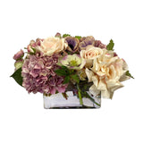 Compact faux mixed floral arrangement in square glass vase with dahlia, rose, hydrangea, and blush toned blooms for modern décor