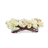 Luxury faux rose and hydrangea arrangement in rectangular glass vase with Real Touch blooms for elegant dining table décor