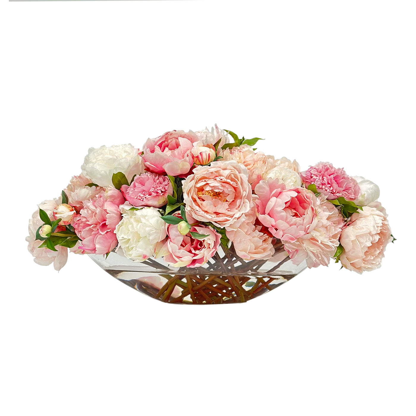 The world's most realistic and best faux flower centerpiece arrangement showing handpainted pink peonies in a boat-shaped oval glass vase