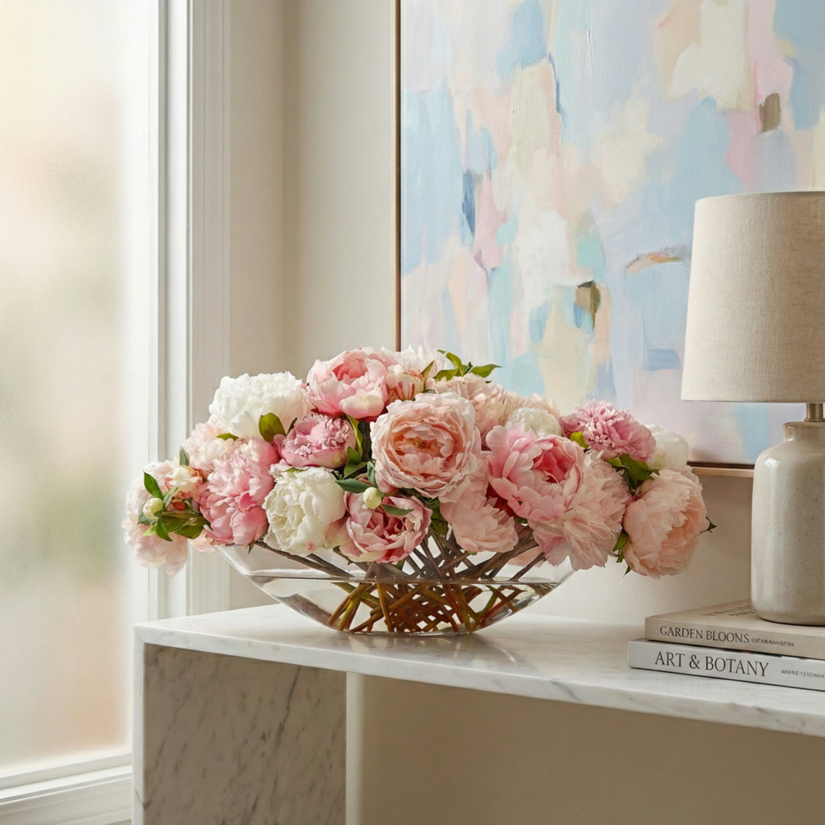Luxurious faux pink and white peony arrangement displayed in a modern boat shaped glass vase