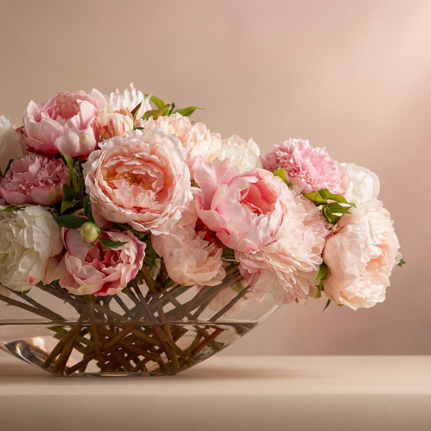 High-end Artificial Pink Peony in Boat Glass, 25-inches long