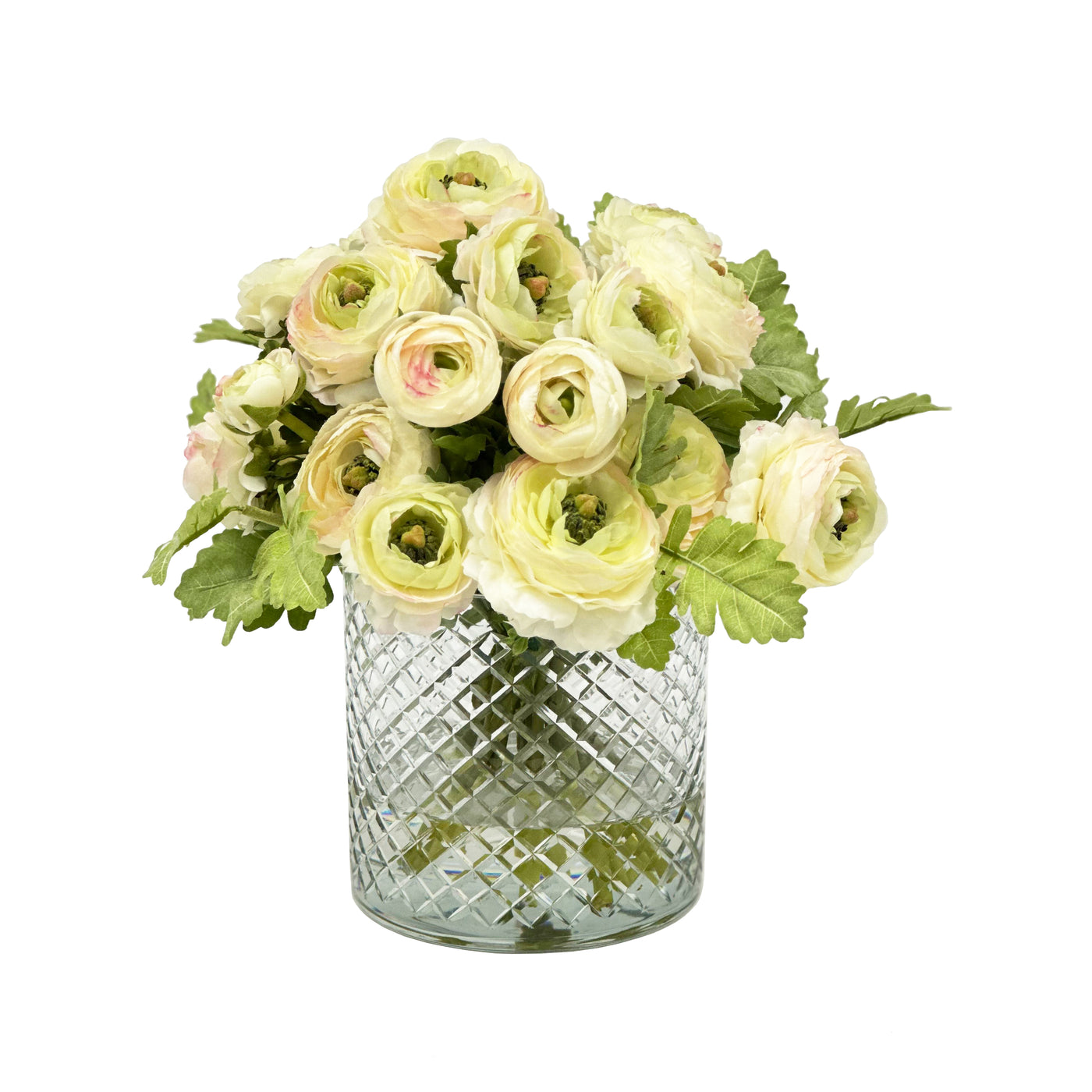Realistic faux ranunculus bouquet arrangement in cut glass vase floral decor