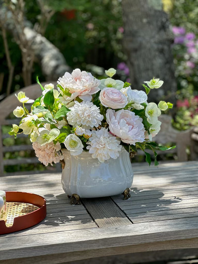 Cafe au lait Real-touch faux floral arrangement in porcelain planter with brass detail on patio table perfect for summer home decorating