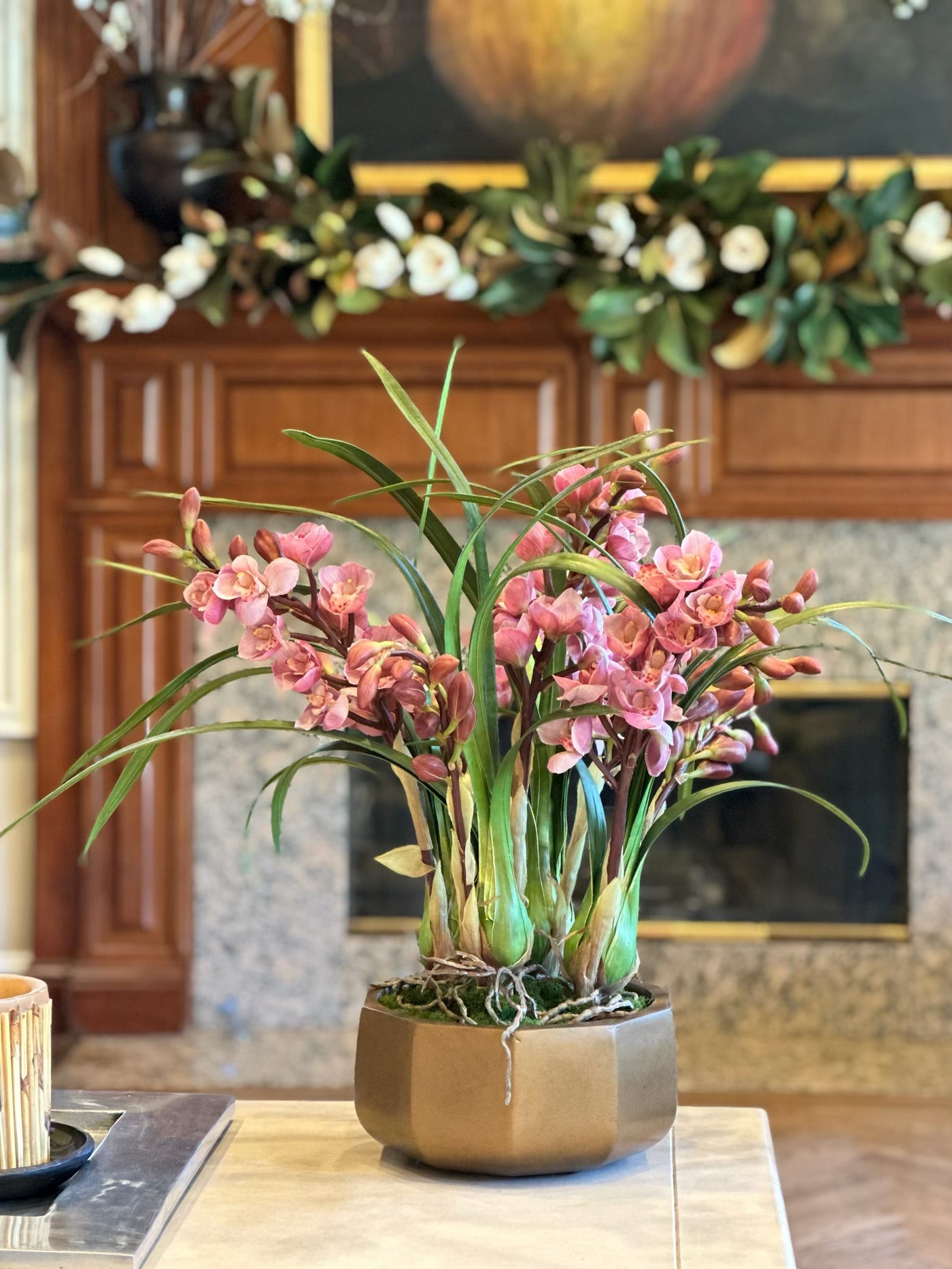Realistic high-quality purple orchid cymbidium faux floral arrangement designed for Fall and Autumn in a living room