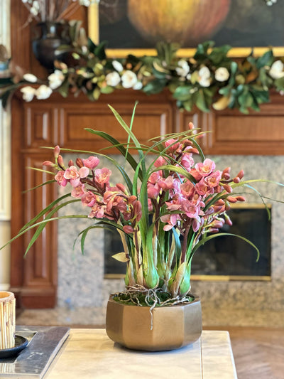 Realistic high-quality purple orchid cymbidium faux floral arrangement designed for Fall and Autumn in a living room