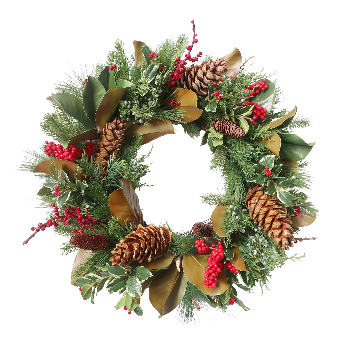 Festive 26-inch holly and pine faux wreath with red berries, pinecones, and green foliage, against a white background