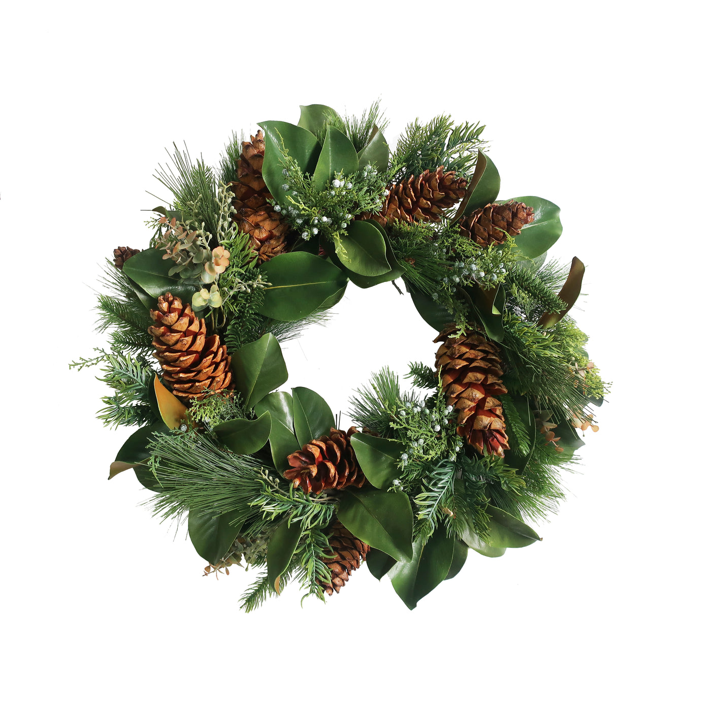 Hand-crafted evergreen wreath with pinecones and wood accents, placed against white background