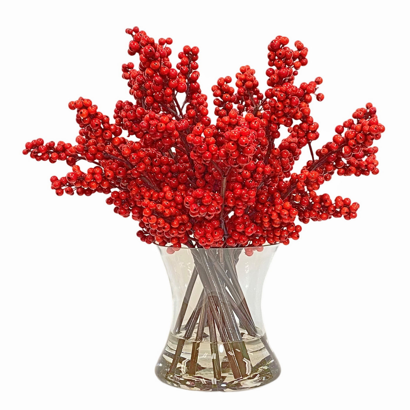 Red faux berries arrangement in glass vase holiday centerpiece decor