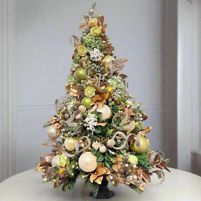 luxury pre-decorated faux Christmas tree for tabletop with green and gold decorations