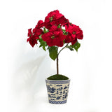 Realistic faux poinsettia plant in luxury blue and white chinoiserie pot decorating for the holidays