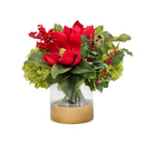 Hand-crafted red Magnolia Holly in Cylinder 12" arrangement with green foliage in a square glass vase, against a white background