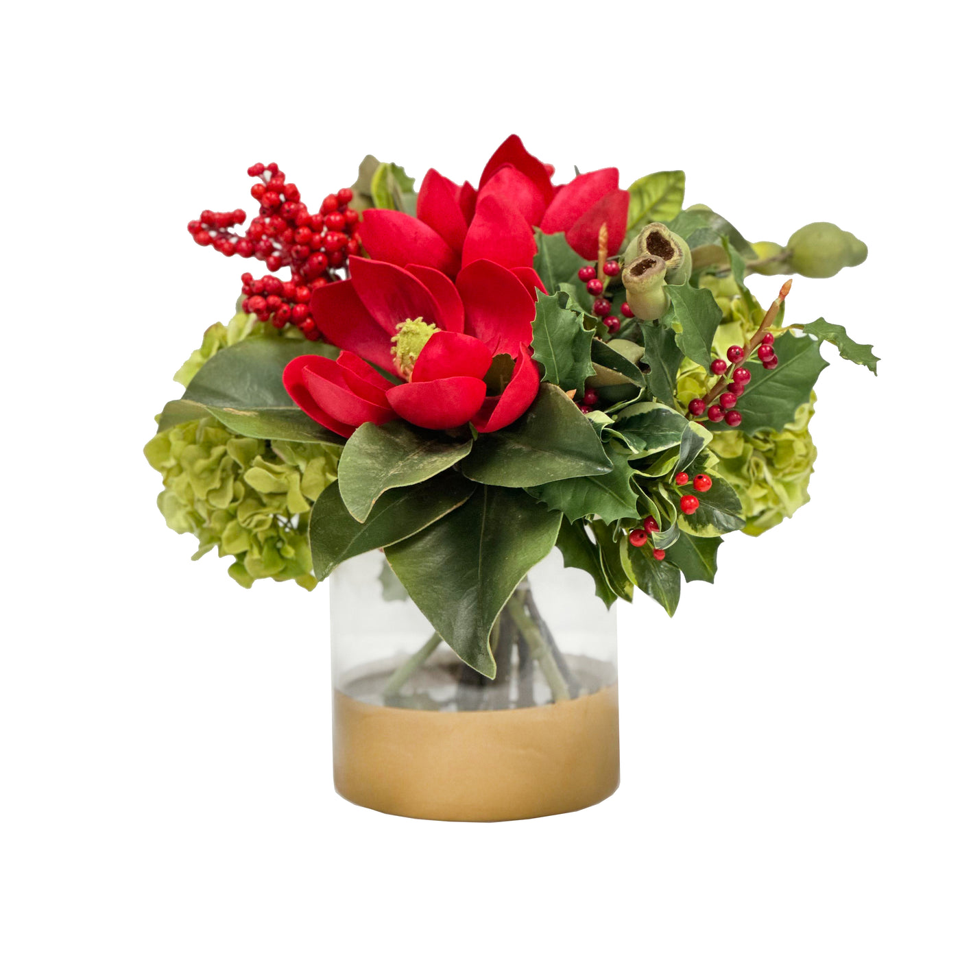 Hand-crafted red Magnolia Holly in Cylinder 12" arrangement with green foliage in a square glass vase, against a white background