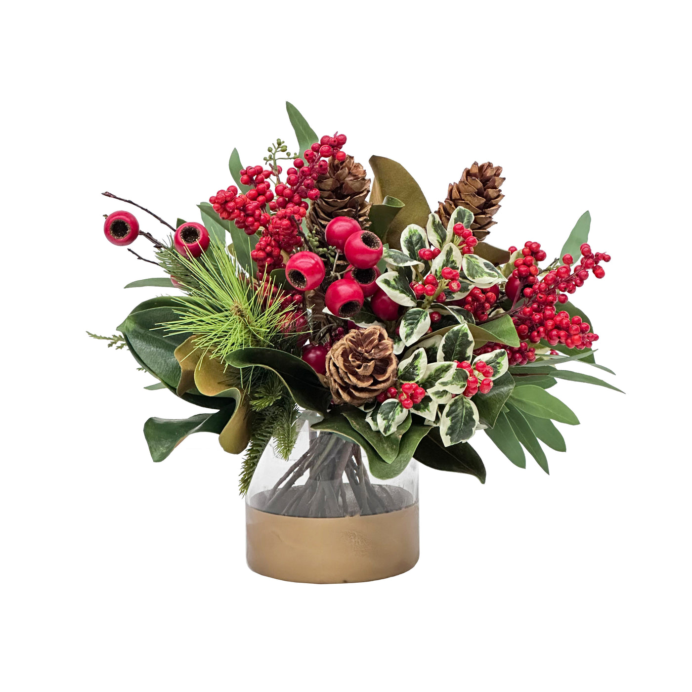 Hand-crafted mix of red berries, pinecones, and greenery in a cylinder vase, against a white background.