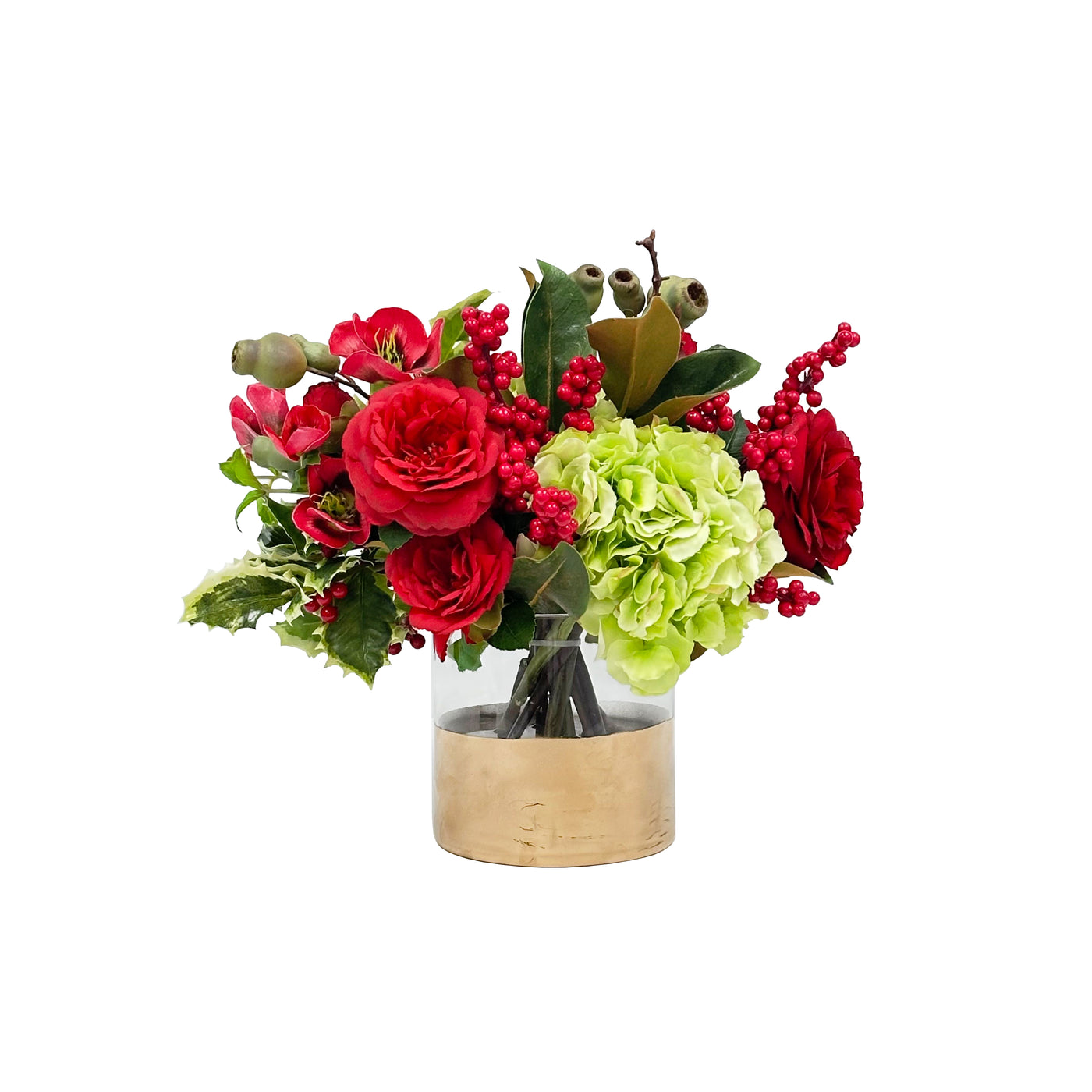 Hand-crafted camellia, red berries, and greenery in a glass cylinder vase, displayed against a white background
