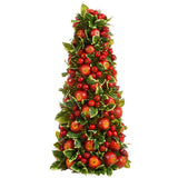 Hand-crafted cone-shaped tree with burgundy and green foliage, accented by apples and berries for festive display against white background