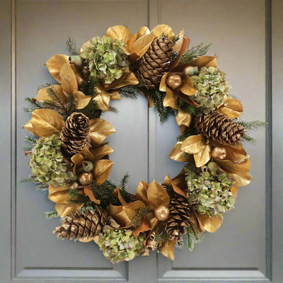 luxury faux green and gold pre-decorated holiday wreath shown on front door