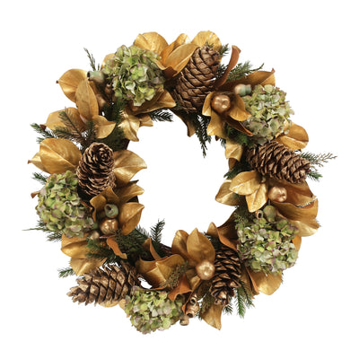 luxury pre-decorated faux holiday wreath with green and gold decorations
