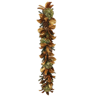 luxury faux holiday garland green and gold pre-decorated with hydrangea, pine cone, and magnolia leaves