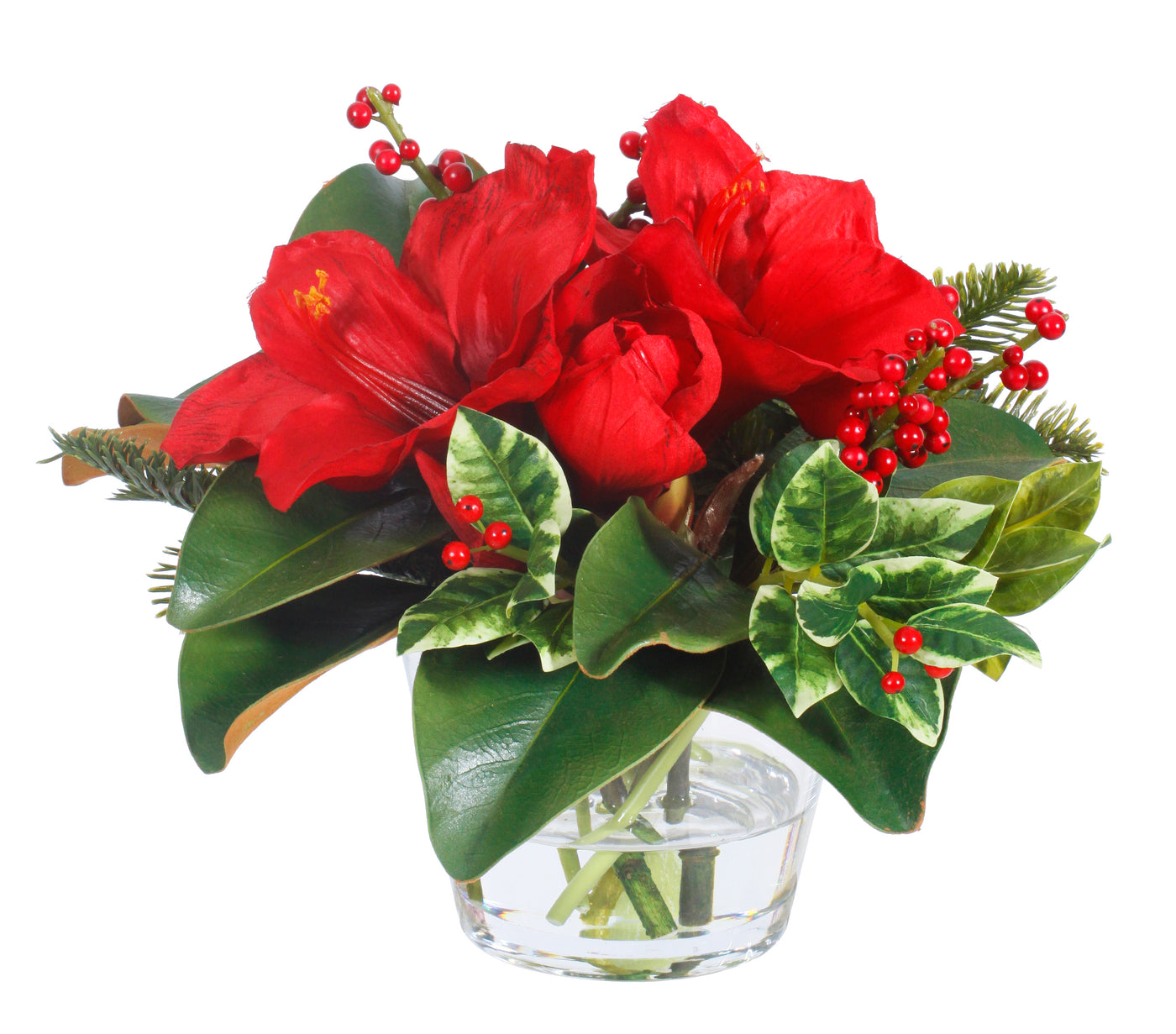 holiday amaryllis and holly in glass vase holiday faux floral arrangement