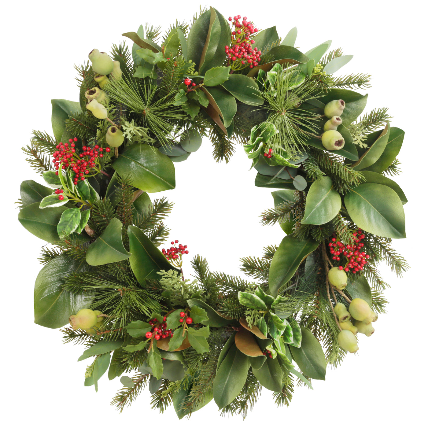 Hand-crafted pine needles and holly berries wreath in red and green, displayed against a white background