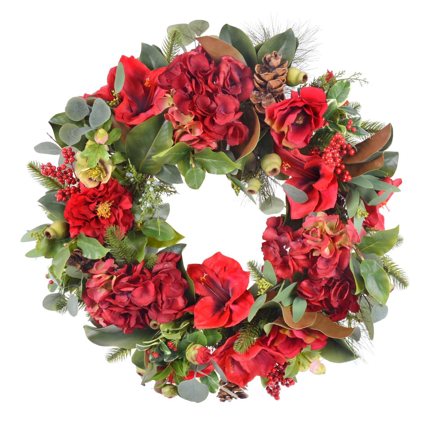 luxury faux holiday wreath red hydrangea amaryllis and green leaves