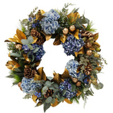 holiday blue hydrangeas wreath with gold pine cones
