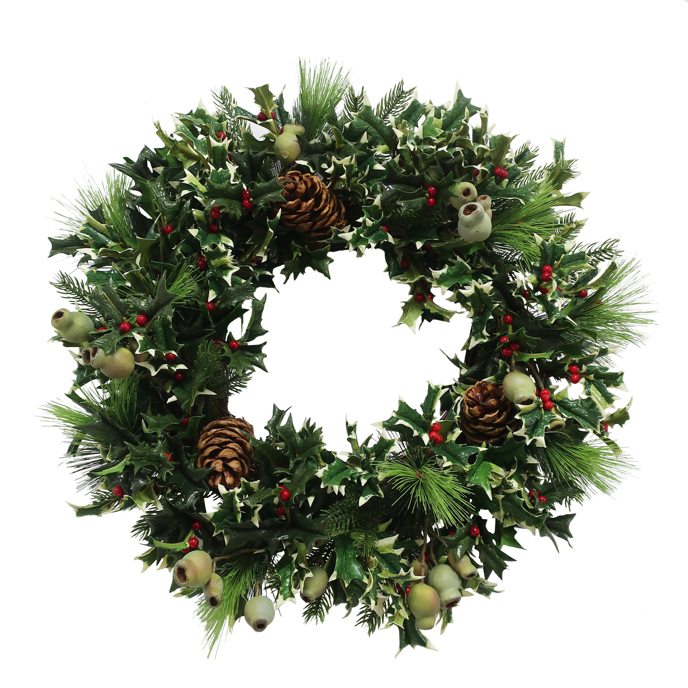 Hand-crafted pointed holly wreath with variegated green foliage, accented by berries and pinecones for a festive display against a white background
