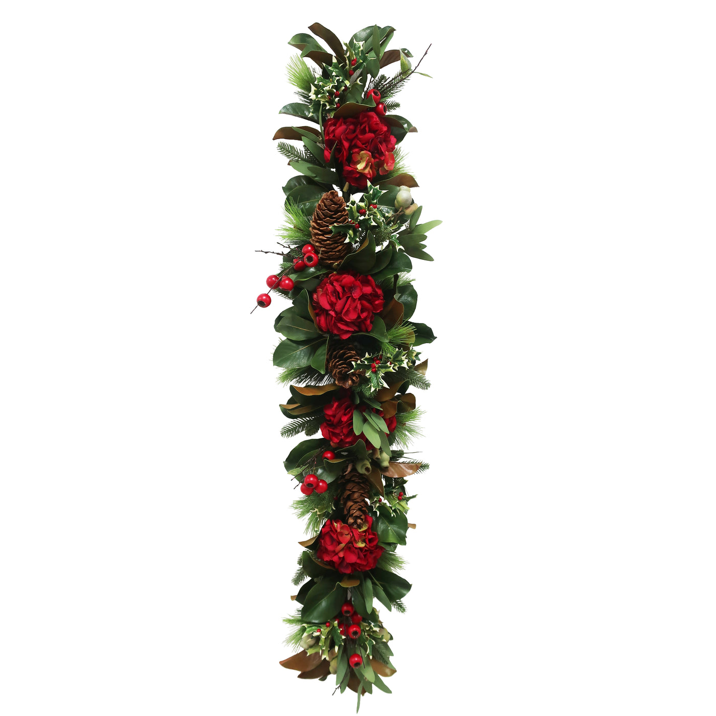 Hand-crafted 5-foot garland with red hydrangea blooms, pinecones, and green foliage for festive display against white background