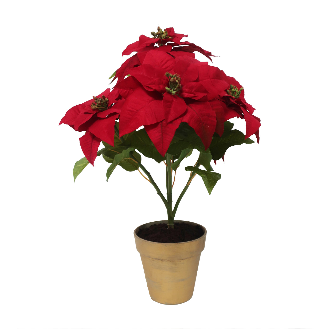 Hand-crafted poinsettia plant with red flowers and green leaves in a pot, displayed against a white background