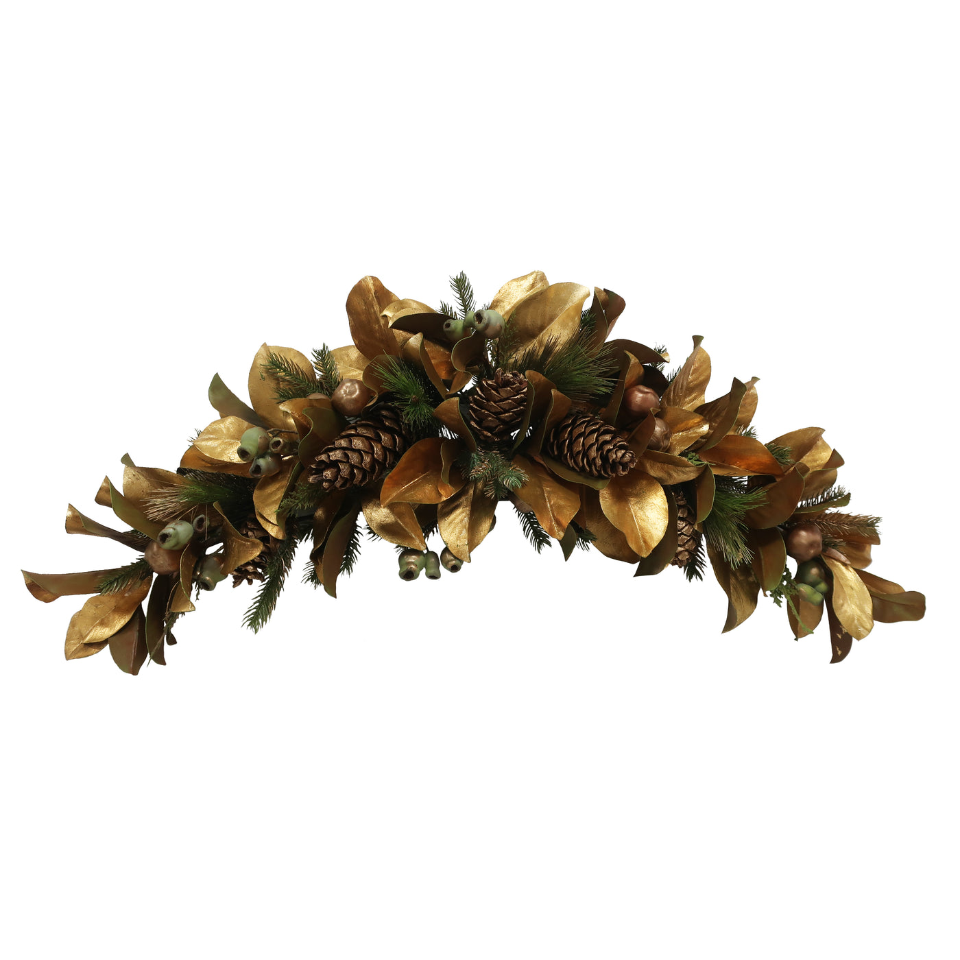 Hand-crafted magnolia leaf swag with gold and green accents, displayed against a white background